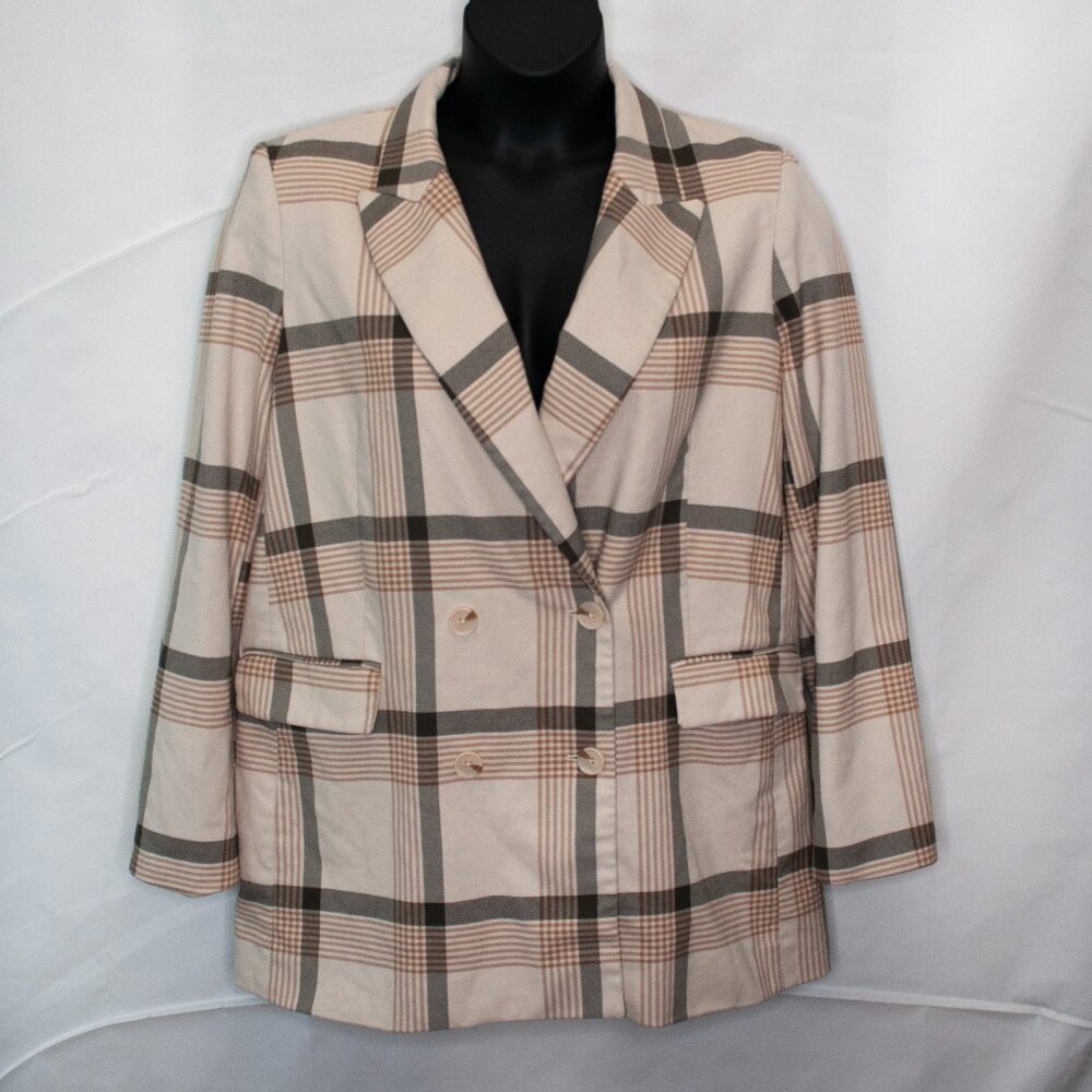 Maison d'Amelie Plaid Blazer Jacket Womens Large L Beige Work Office Casual Y10